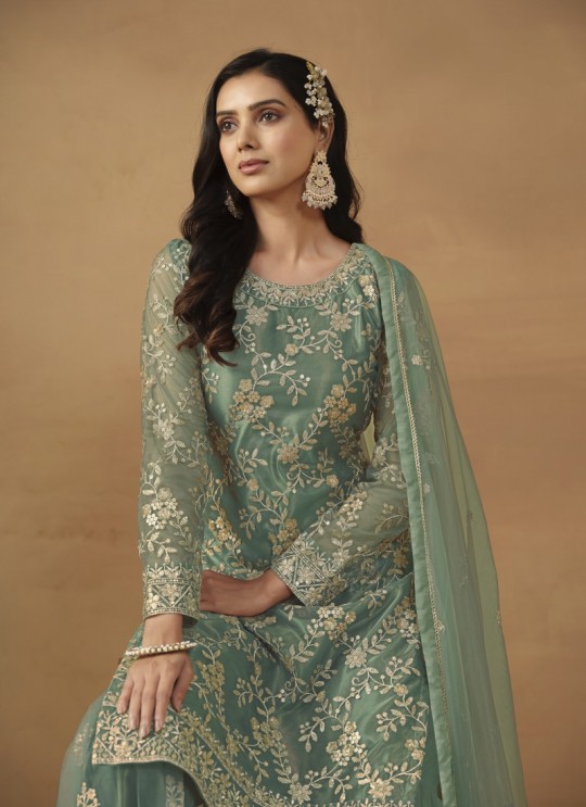 7702 Green Net Embroidered Semi-Stitched Palazzo Suit 7702 Green Net Embroidered Semi-Stitched Palazzo Suit