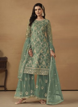 7702 Green Net Embroidered Semi-Stitched Palazzo Suit