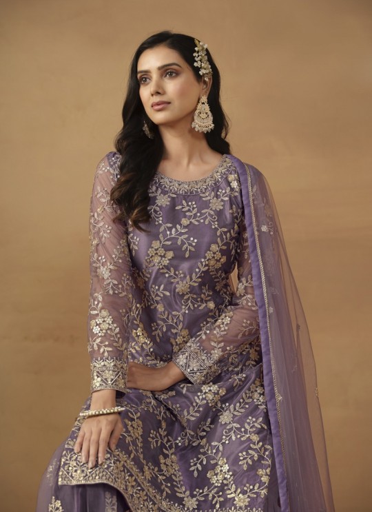 7703 Purple Net Embroidered Semi-Stitched Palazzo Suit 7703 Purple Net Embroidered Semi-Stitched Palazzo Suit