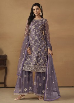 7703 Purple Net Embroidered Semi-Stitched Palazzo Suit