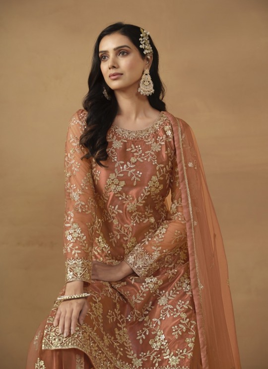 7704 Orange Net Embroidered Semi-Stitched Palazzo Suit 7704 Orange Net Embroidered Semi-Stitched Palazzo Suit