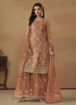 7704 Orange Net Embroidered Semi-Stitched Palazzo Suit