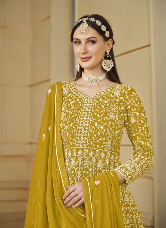 7801 Mustard Faux Georgette Embroidered Semi-Stitched Anarkali Suit 7801 Mustard Faux Georgette Embroidered Semi-Stitched Anarkali Suit
