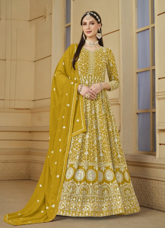 7801 Mustard Faux Georgette Embroidered Semi-Stitched Anarkali Suit 7801 Mustard Faux Georgette Embroidered Semi-Stitched Anarkali Suit