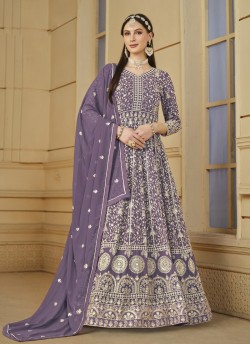 7802 Lavender Faux Georgette Embroidered Semi-Stitched Anarkali Suit