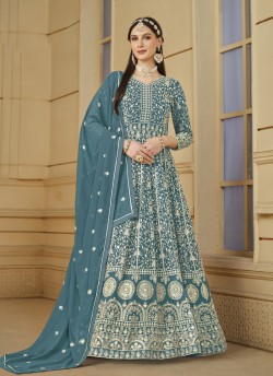 7803 Blue Faux Georgette Embroidered Semi-Stitched Anarkali Suit