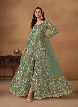 7902 Sea-Green Net Embroidered Semi-Stitched Anarkali Suit