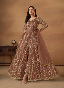 7904 Brown Net Embroidered Semi-Stitched Anarkali Suit