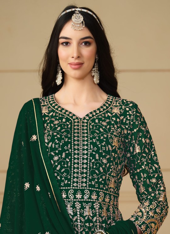 8101 Green Faux Georgette Embroidered Semi-Stitched Anarkali Suit