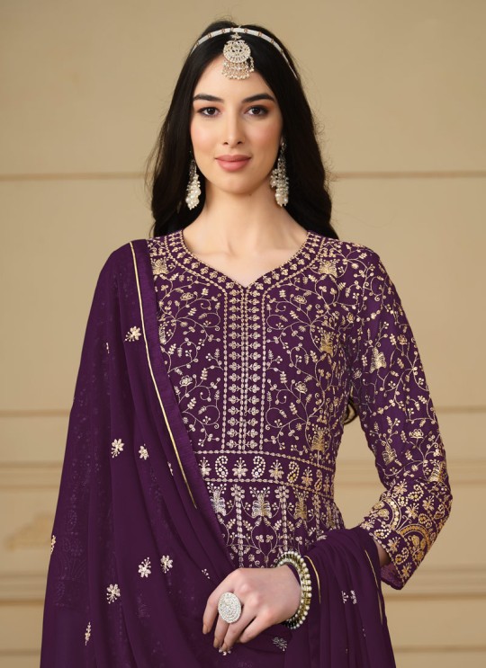 8102 Wine Faux Georgette Embroidered Semi-Stitched Anarkali Suit