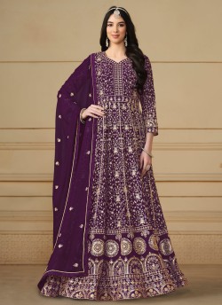 8102 Wine Faux Georgette Embroidered Semi-Stitched Anarkali Suit