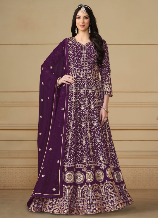 8102 Wine Faux Georgette Embroidered Semi-Stitched Anarkali Suit