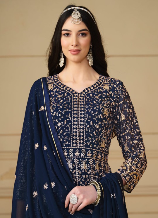 8103 Navy Blue Faux Georgette Embroidered Semi-Stitched Anarkali Suit