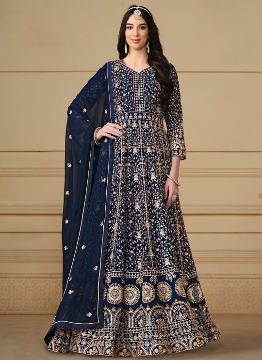 8103 Navy Blue Faux Georgette Embroidered Semi-Stitched Anarkali Suit