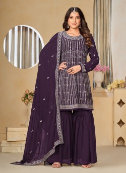 8202 Purple Faux Georgette Embroidered Semi-Stitched Sharara Suit
