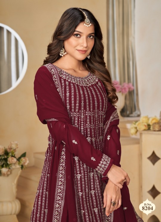 8204 Maroon Faux Georgette Embroidered Semi-Stitched Sharara Suit