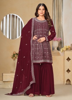 8204 Maroon Faux Georgette Embroidered Semi-Stitched Sharara Suit