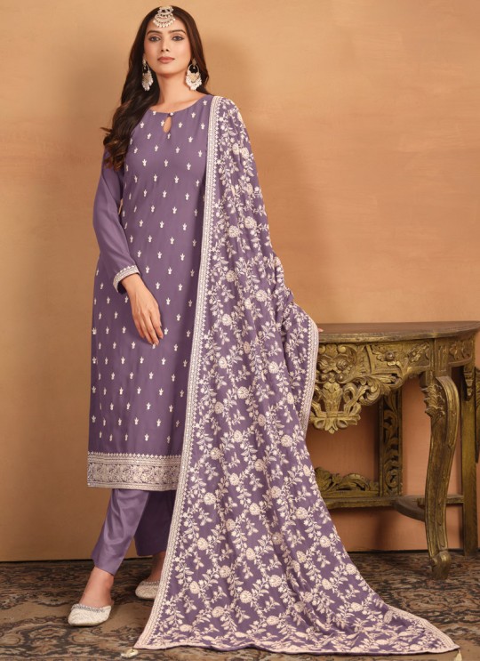 8402 Lavender Faux Georgette Embroidered Semi-Stitched Salwar Kameez
