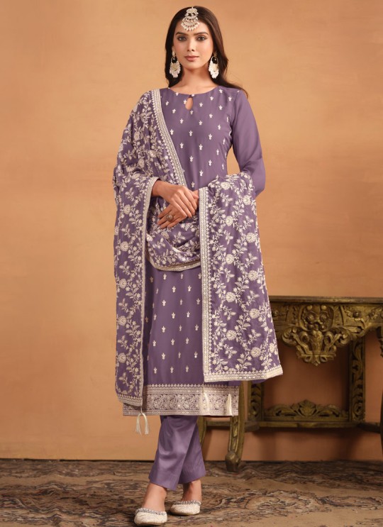 8402 Lavender Faux Georgette Embroidered Semi-Stitched Salwar Kameez