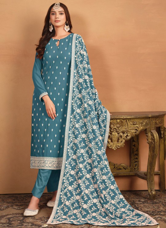 8403 Sea Blue Faux Georgette Embroidered Semi-Stitched Salwar Kameez
