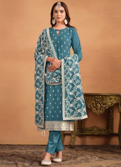 8403 Sea Blue Faux Georgette Embroidered Semi-Stitched Salwar Kameez