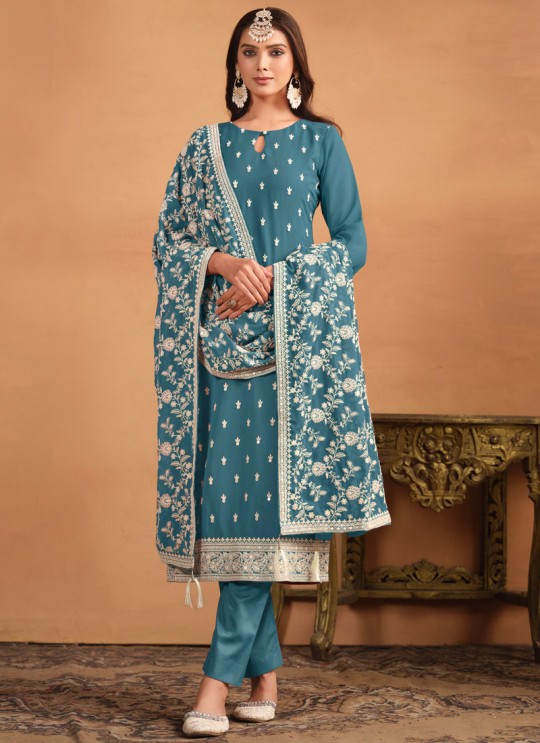 8403 Sea Blue Faux Georgette Embroidered Semi-Stitched Salwar Kameez