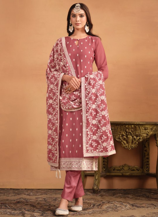 8404 Peach Faux Georgette Embroidered Semi-Stitched Salwar Kameez