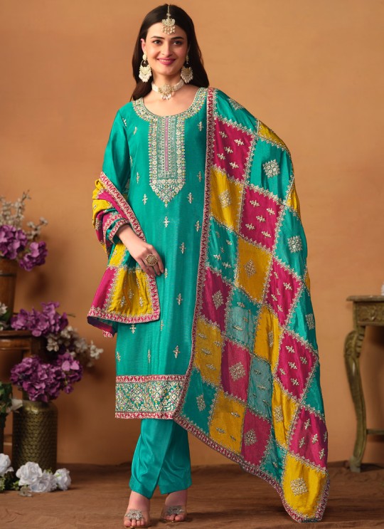 8601 Sea Green Chinon Silk Embroidered Semi-Stitched Salwar Kameez