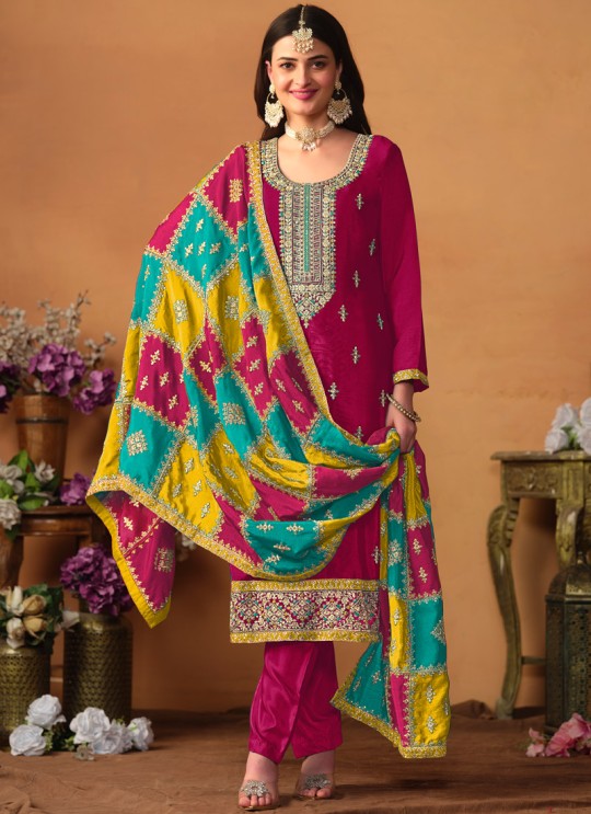 8602 Rani Pink Chinon Silk Embroidered Semi-Stitched Salwar Kameez 8602 Rani Pink Chinon Silk Embroidered Semi-Stitched Salwar Kameez
