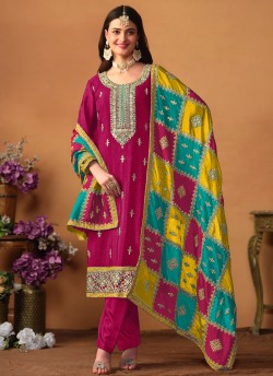 8602 Rani Pink Chinon Silk Embroidered Semi-Stitched Salwar Kameez