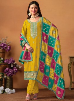 8603 Mustard Chinon Silk Embroidered Semi-Stitched Salwar Kameez