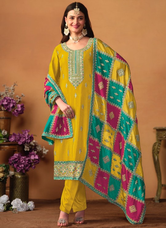8603 Mustard Chinon Silk Embroidered Semi-Stitched Salwar Kameez 8603 Mustard Chinon Silk Embroidered Semi-Stitched Salwar Kameez