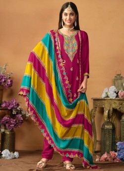 8702 Rani Pink Chinon Silk Embroidered Semi-Stitched Salwar Kameez