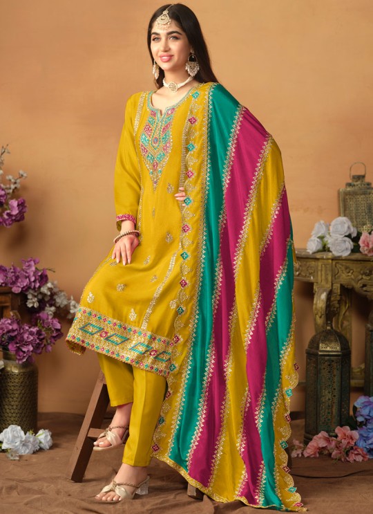 8703 Mustard Chinon Silk Embroidered Semi-Stitched Salwar Kameez 8703 Mustard Chinon Silk Embroidered Semi-Stitched Salwar Kameez