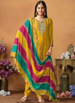 8703 Mustard Chinon Silk Embroidered Semi-Stitched Salwar Kameez