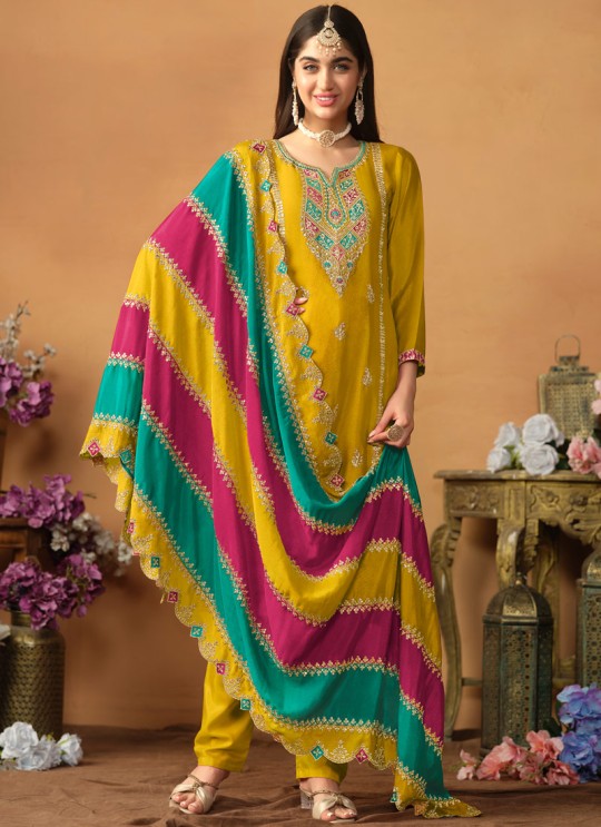 8703 Mustard Chinon Silk Embroidered Semi-Stitched Salwar Kameez 8703 Mustard Chinon Silk Embroidered Semi-Stitched Salwar Kameez