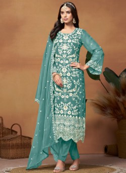 8803 Sea-Green Organza Embroidered Semi-Stitched Salwar Kameez