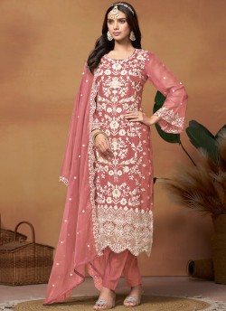 8804 Peach Organza Embroidered Semi-Stitched Salwar Kameez