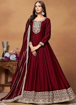 8904 Red Art Silk Embroidered Semi-Stitched Anarkali Suit