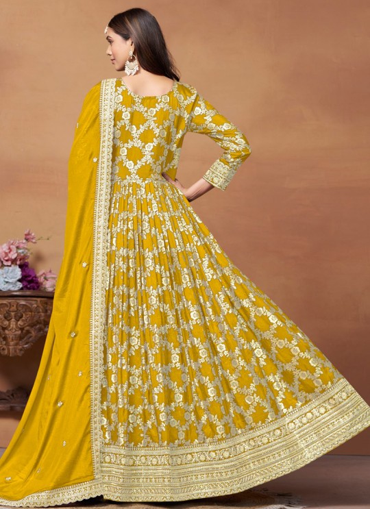 9101 Yellow Dola Jacquard Embroidered Semi-Stitched Anarkali Suit 9101 Yellow Dola Jacquard Embroidered Semi-Stitched Anarkali Suit