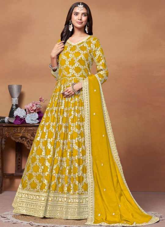 9101 Yellow Dola Jacquard Embroidered Semi-Stitched Anarkali Suit 9101 Yellow Dola Jacquard Embroidered Semi-Stitched Anarkali Suit