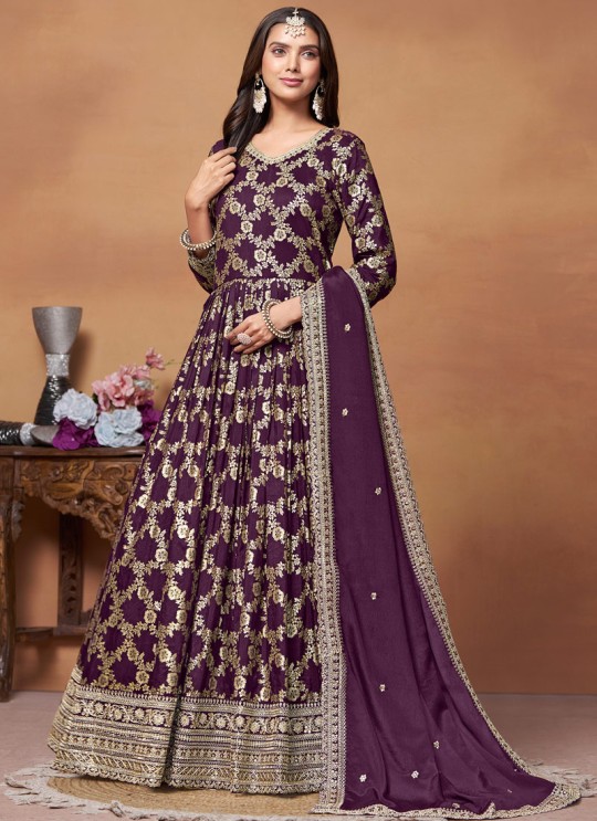 9102 Purple Dola Jacquard Embroidered Semi-Stitched Anarkali Suit 9102 Purple Dola Jacquard Embroidered Semi-Stitched Anarkali Suit