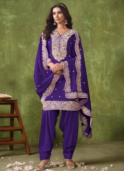 9302 Purple Roman Silk Embroidered Semi-Stitched Patiala Suit