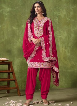 9304 Pink Roman Silk Embroidered Semi-Stitched Patiala Suit