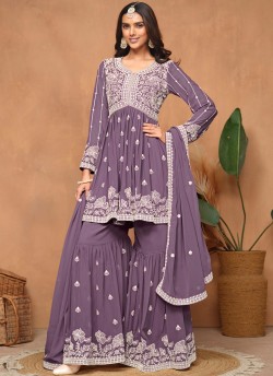 9402 Purple Faux Georgette Embroidered Semi-Stitched Sharara Suit