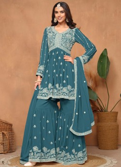 9403 Teal Blue Faux Georgette Embroidered Semi-Stitched Sharara Suit