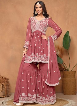 9404 Peach Faux Georgette Embroidered Semi-Stitched Sharara Suit