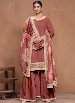 9704 Teal Peach Roman Silk Embroidered Semi-Stitched Sharara Suit
