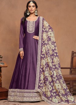 9802 Purple Art Silk Embroidered Semi-Stitched Anarkali Suit