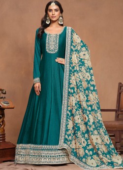9803 Teal Blue Art Silk Embroidered Semi-Stitched Anarkali Suit